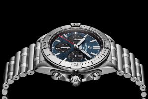 breilting chronomat b01 42 with a blue dial and black contrasting chronograph counters