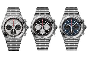 the new breitling chronomat collection in silver black and blue dial with contrasting subdial colours