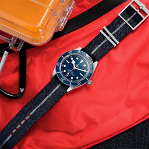 The Black Bay Fifty Eight in Navy Blue can be purchased with a matching NATO style fabric strap made by the 150 year old F