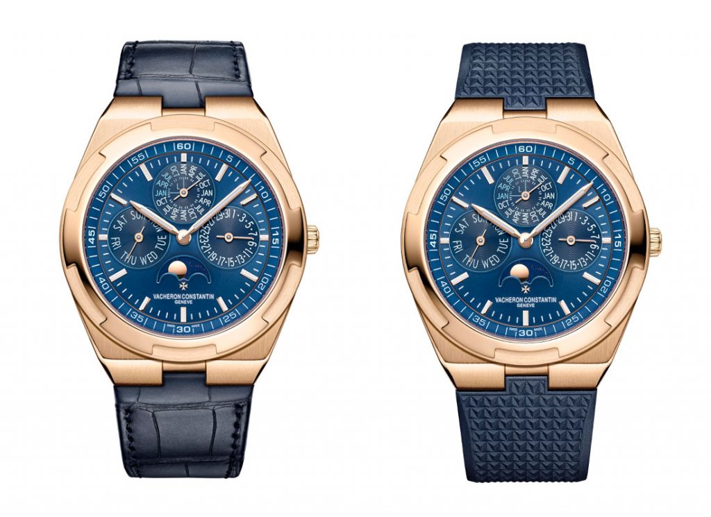 Overseas ultra thin rose gold watch with a dark blue Mississippiensis alligator strap and rubber strap