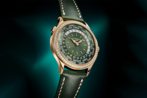 A rose gold model of the Ref. 7130 has been introduced with an olive green, hand-guilloché dial.