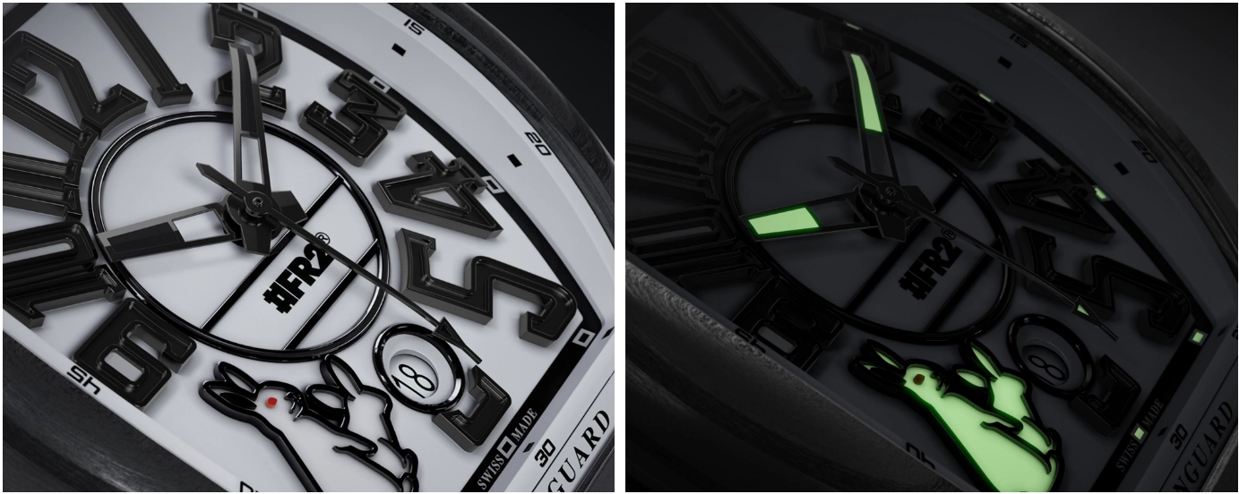 The #FR2NCK MULLER Vanguard designed by #FR2 for Franck Muller features the brand’s graphic rabbits on the dial, coated with SuperLumiNova so they glow green in the dark.
