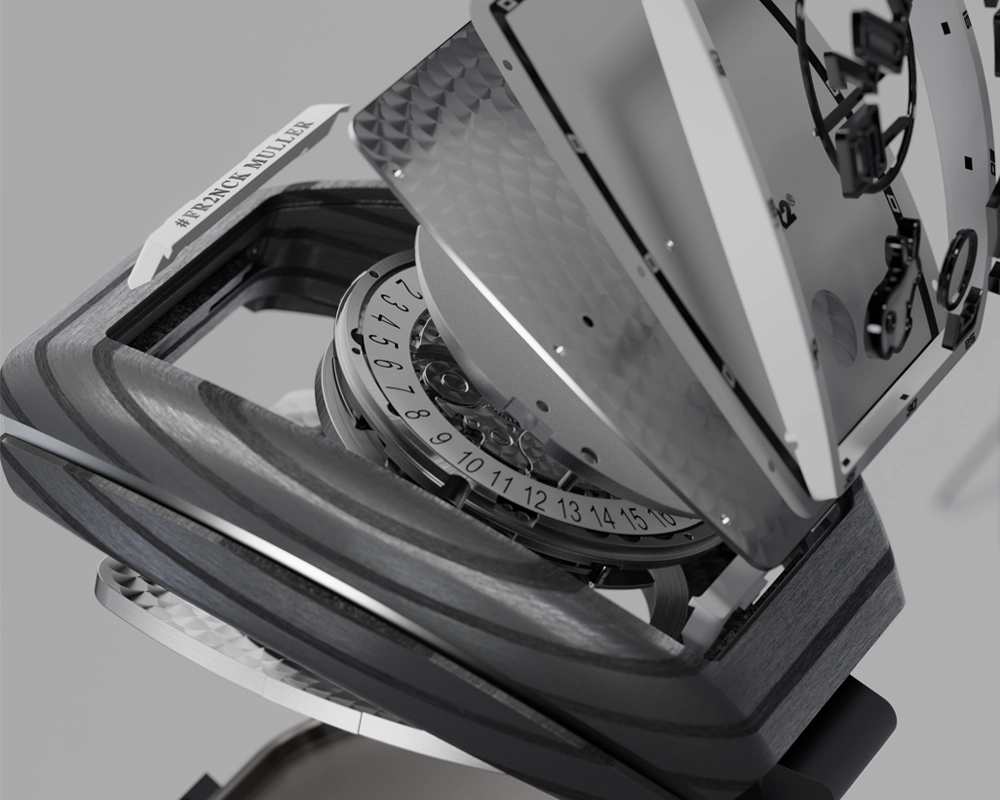 Caption: The watch’s construction is a multi-layered design, starting with the applied, oversized markers and #FR2 logo on the dial, to the minute track and dial plate, movement, back plate, carbon and glass fibre case middle, back plate and case back.