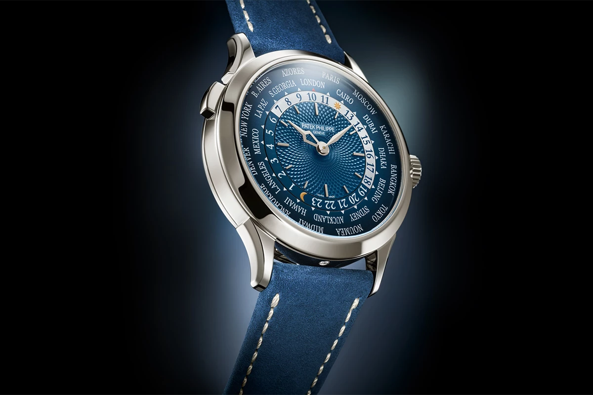 The Patek Philippe Ref. 5230P-001 is being presented for the first time in a platinum case, with a blue Clous de Paris guilloché dial.