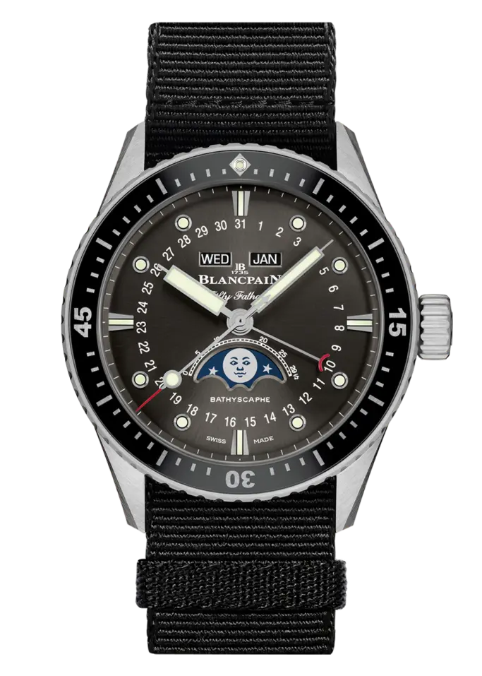 The Fifty Fathoms Bathyscaphe Quantieme Complet by Blancpain is a watch that extends its reach beyond being just a diving watch. Photo: Blancpain