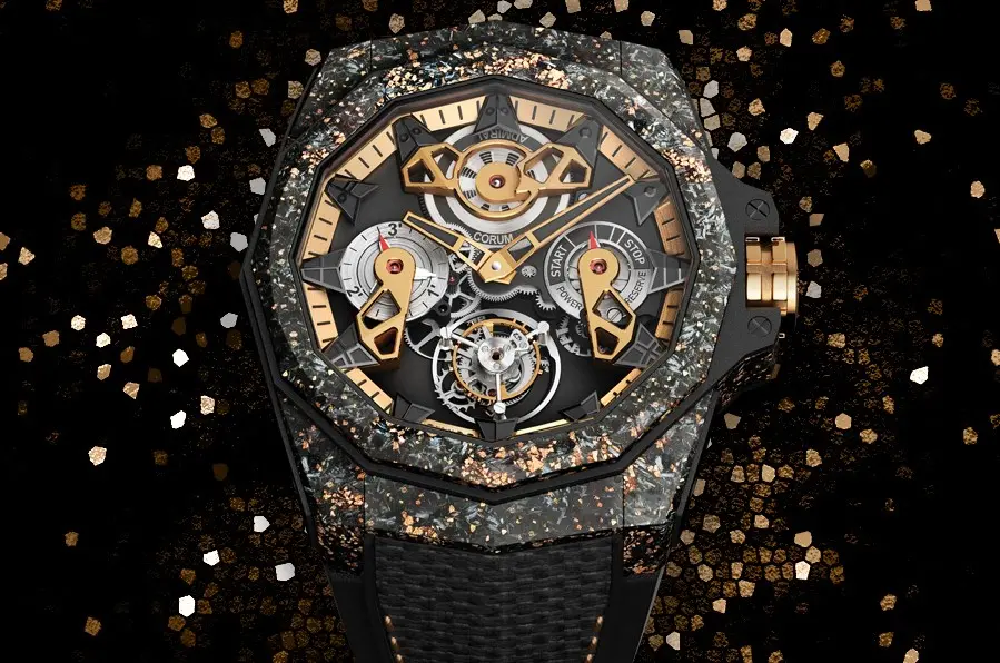 Corum’s Admiral 45 Automatic Openworked Flying Tourbillon Carbon & Gold is mighty impressive to look at. Photo: Corum
