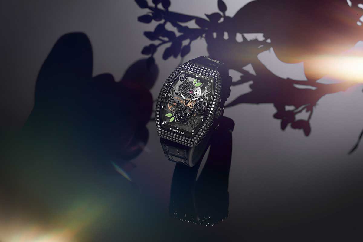 Cortina Watch Franck Muller Vanguard Rose Skeleton Black Diamond Feature