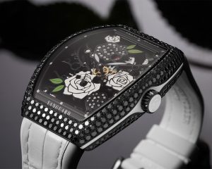 Set on a PVD-treated gold case, 422 brilliant-cut black diamonds endow the Franck Muller Vanguard Rose Skeleton Black with an edgy disposition.