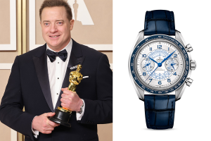 Fraser was seen celebrating his win with the Omega Speedmaster Chronoscope on his wrist. Photo composite: Omega