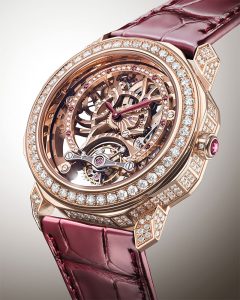 Bvlgari’s Octo Roma Precious Tourbillon Lumiere is a bejewelled masterpiece with its case and skeletonised movement fully paved with diamonds and rubies.