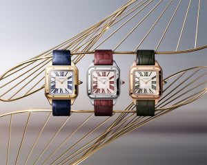 New Santos-Dumont models with jasper, jade and dumortierite hour markers add liveliness to the collection’s dressy refinement.