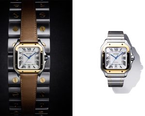 Two-tone, bi-metal versions of the Santos de Cartier from 2018, which draw lineage to the aesthetics of the Santos models from the 1970s and 1980s.