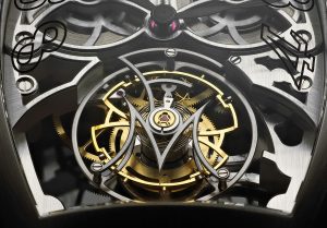 The tourbillon cage is fashioned in a shape that resembles the name of the eponymous founder’s last name initial.