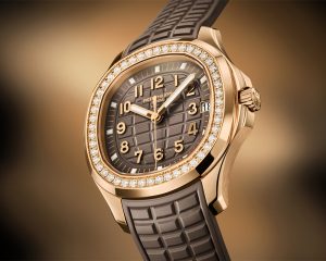 The Patek Philippe Ref. 5268/200R-010 Aquanaut Luce in rose gold case and bezel set with 48 diamonds.