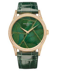 The Ref. 5077/100R-059 “Tropical Forest” is a Rare Handcraft watch from Patek Philippe, using cloisonné enamelling to depict the leaves and branches of a tropical rainforest tree.