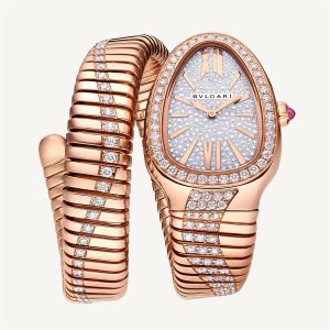 Bulgari’s Serpenti Tubogas Infinity is marriage of a variety of gem-settings, with the full pavé dial embodying the house’s identity as a luxury jewellery and watchmaker.