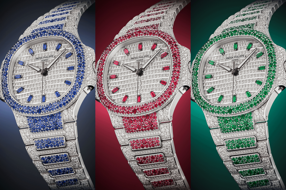 Refs. 7118/1451G, 7118/1452G and 7118/1453G feature sapphires, rubies, and emeralds respectively, set with brilliant-cut diamonds on each of these watches.