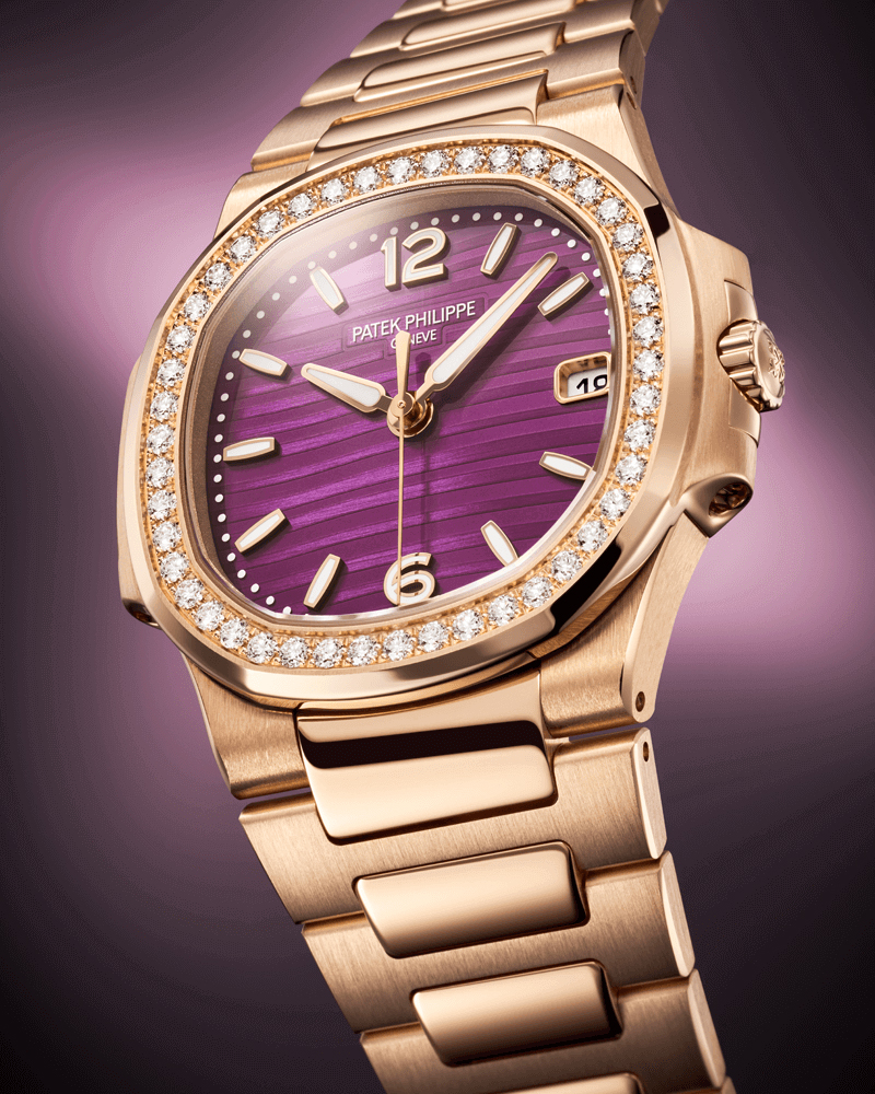 The Patek Philippe Refs. 7010/1R-001 and 7010R-013 offer an aubergine-hued lacquer dial on the ladies’ Nautilus.