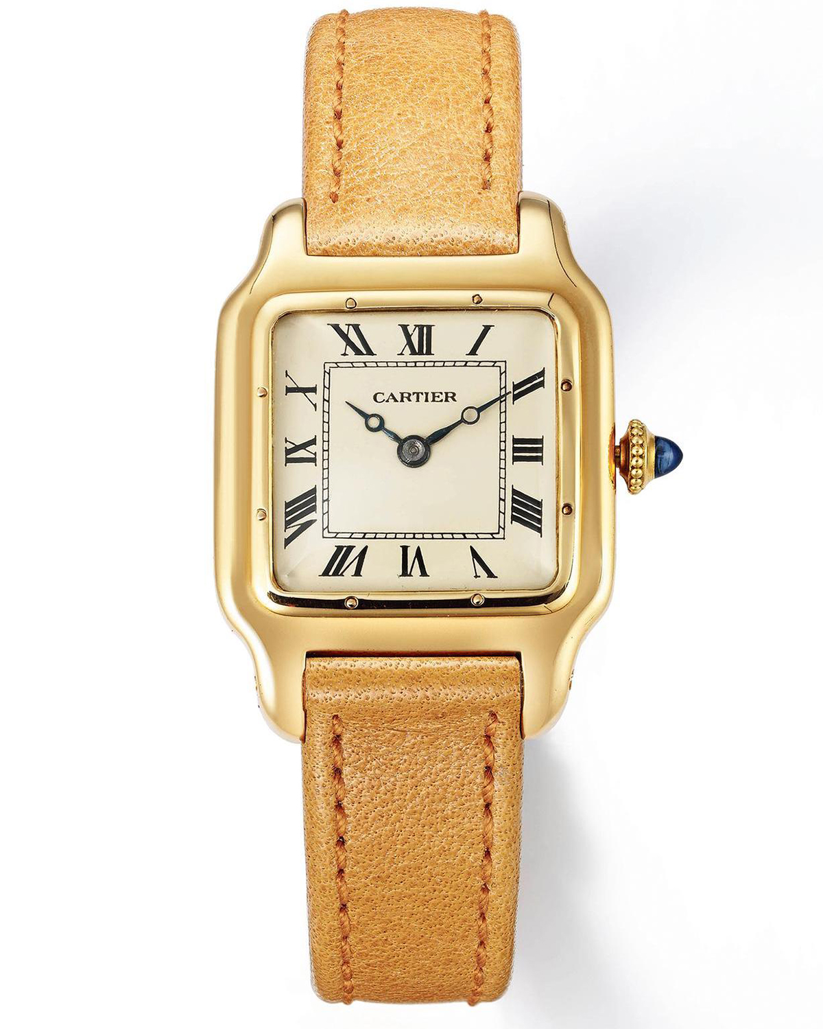 In 1904, Louis Cartier created the first watch specially designed to be worn on the wrist for his friend, aviator Alberto Santos-Dumont. Shown here is an early yellow gold model (circa 1915).