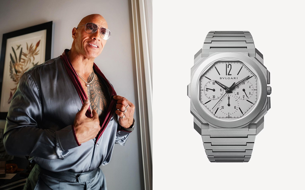 The Bulgari Octo Finissimo featuring a titanium case and grey dial is seen peeking out from under Dwayne Johnson’s sleeve.