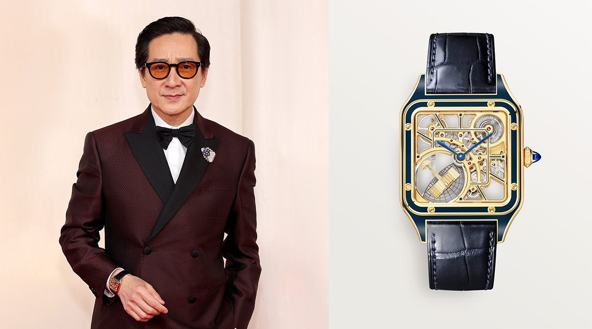 Ke Huy Quan opted for a Cartier watch for his Oscar appearance. It features a case in 18k yellow gold with blue lacquer, blued-steel hands and a blue alligator leather strap.