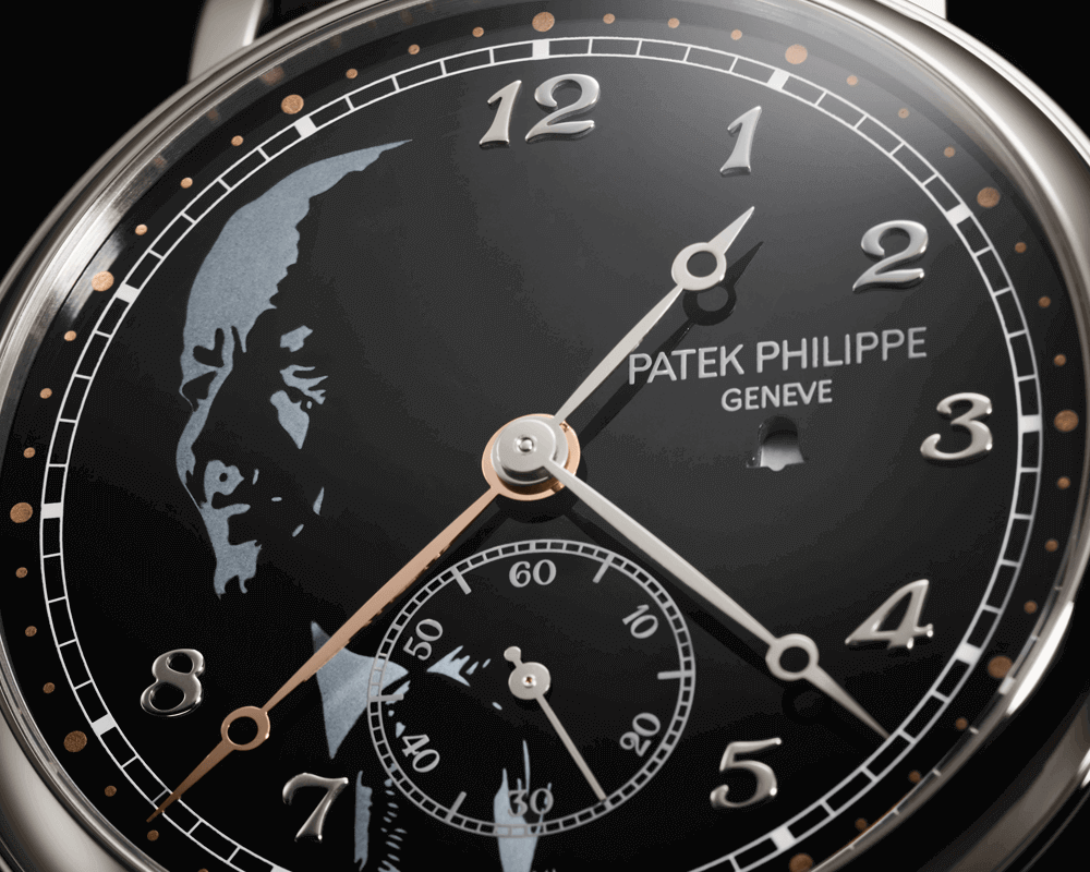 The dial of the Ref. 1938P-001 features a portrait of Mr Philippe Stern in grisaille enamel using Grand Feu white and grey on Grand Feu black.