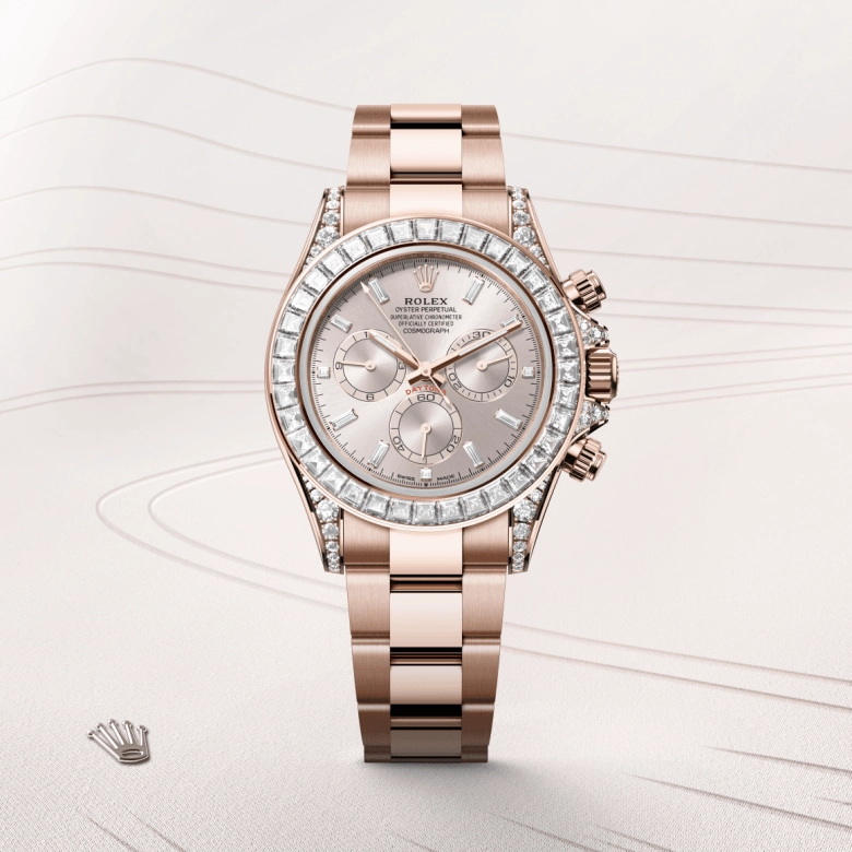 rolex cosmograph daytona dalam emas everose 18k dalam emas putih 18k dengan penutup dan lug set berlian, m126595tbr-0001 - cortina watch