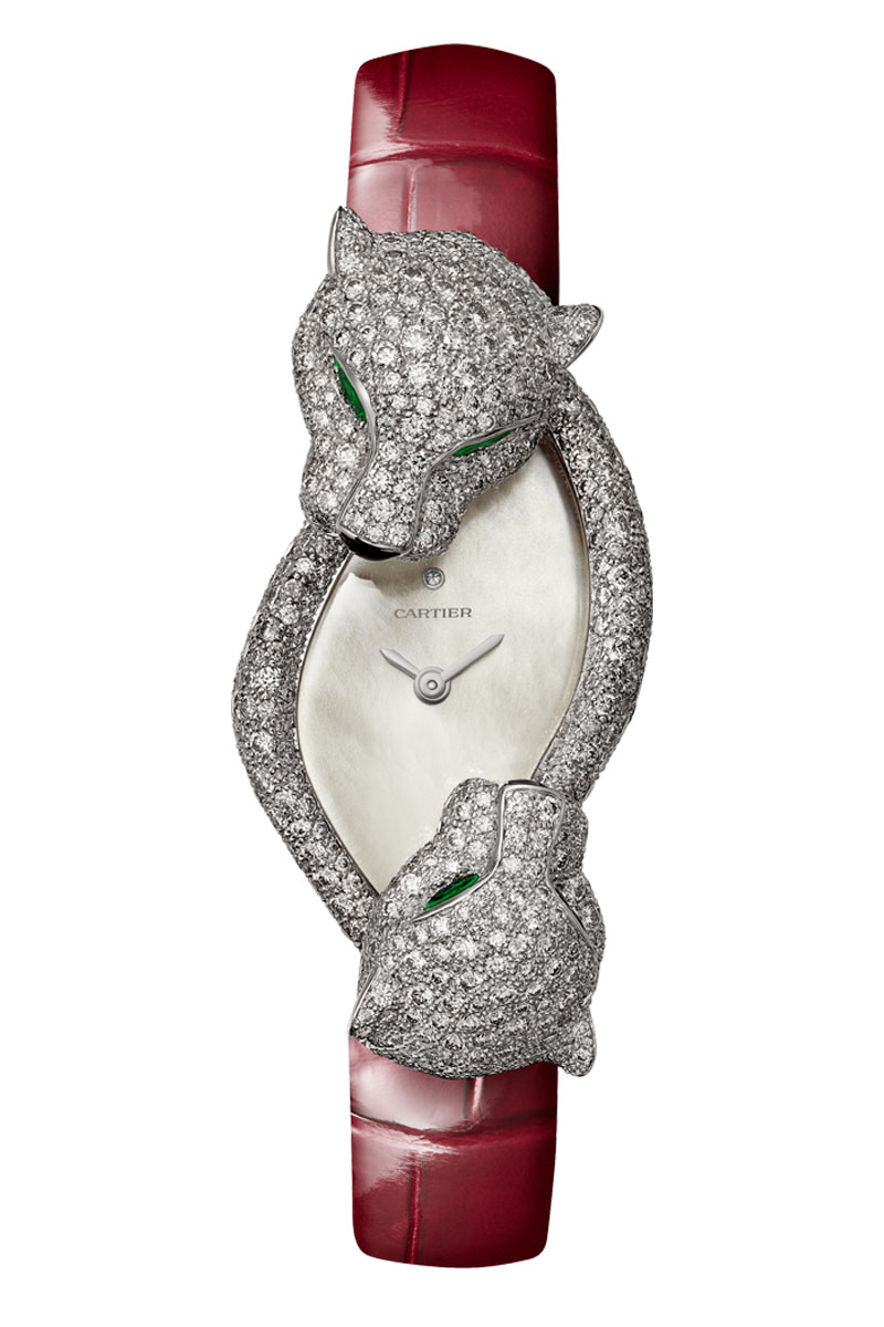Cartier-Panthere-Crash-ladies-diamond-watch-with-red-leather-strap