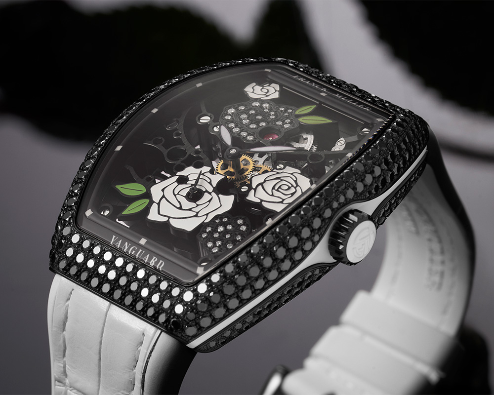 Franck Muller Vanguard Rose Skeleton Black Diamonds At Cortina Watch Close Up Dial