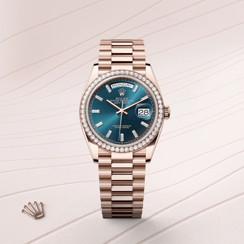rolex day-date in 18-ct-everose-gold, m128345rbr-0083 - cortina watch