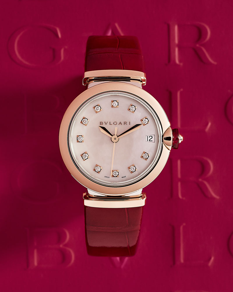 Bvlgari-LVCEA-with-mother-of-pearl-dial-with-diamond-indices-and-red-leather-strap