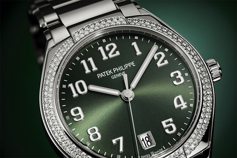 Patek Philippe Twenty4 Ladies Automatic Watch In Round Steel Case With Diamonds And Olive Green Sunburst Dial Ref 7300 1200a 011