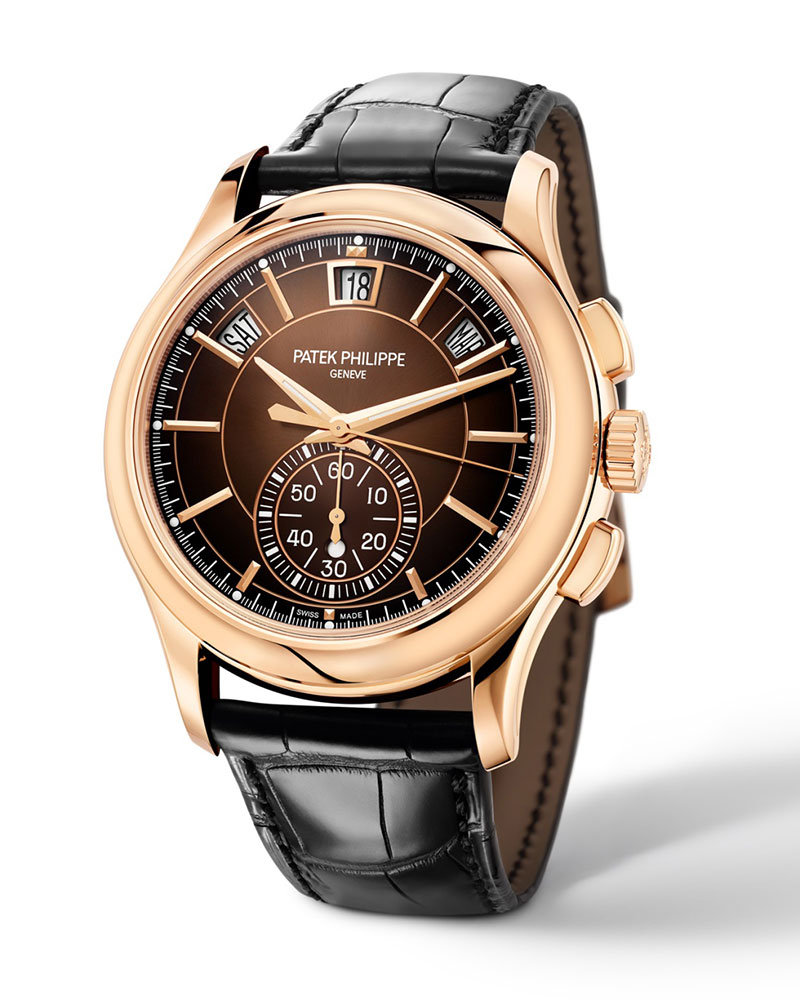 The Patek Philippe Ref 5905R 001 Annual Calendar Chronograph in rose gold with brown sunburst dialCortina Watch