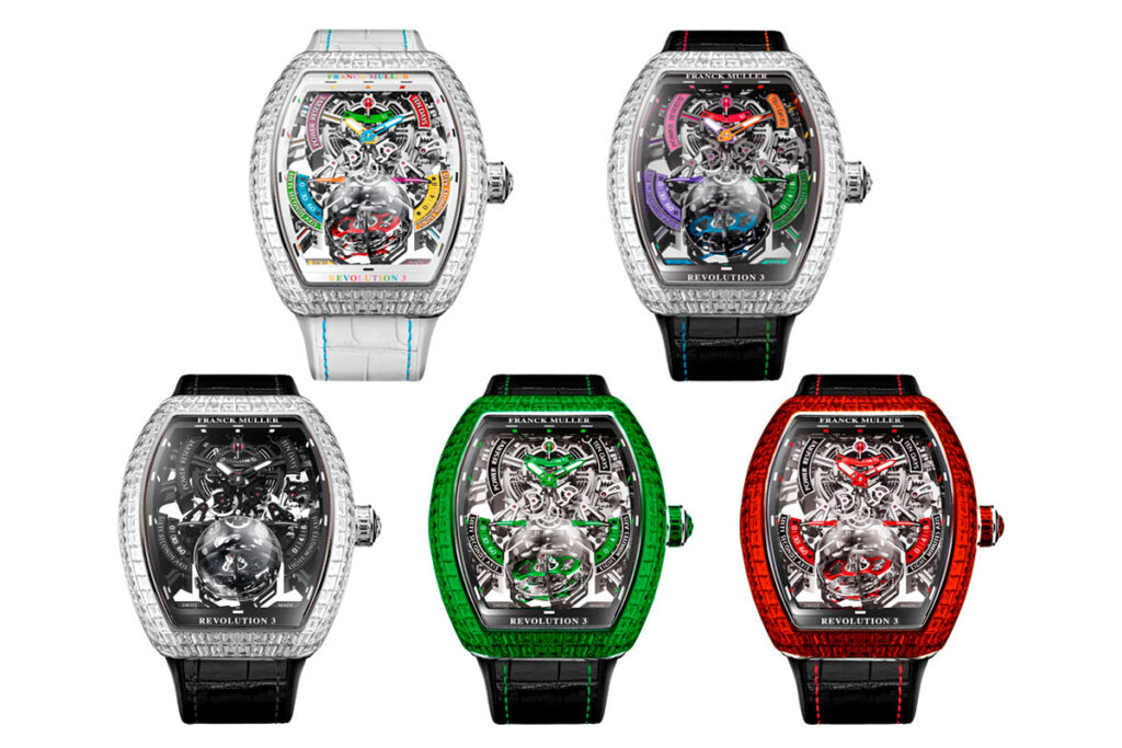 Franck Muller Vanguard Revolution 3 Skeleton Cortina Watch 50th Anniversary special editions with tri-axial tourbillon and skeletonised movement in baguette diamonds, rubies or emeralds