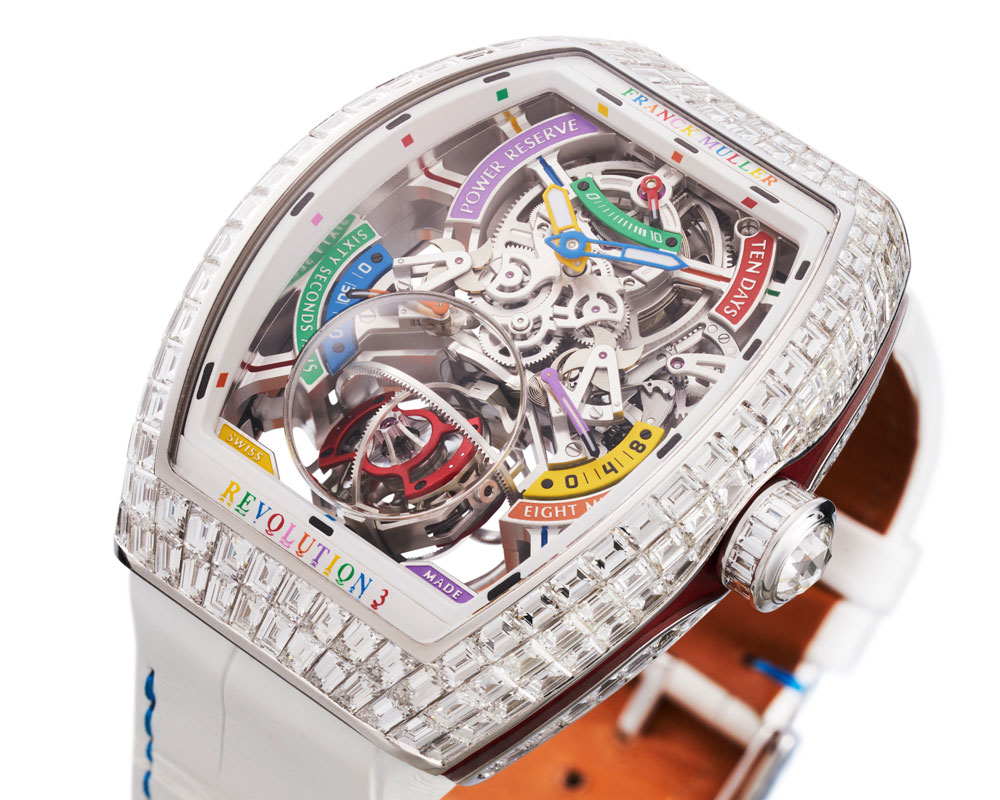 close up shoot of the Franck Muller Vanguard Revolution 3 Skeleton Cortina Watch 50th Anniversary colour dreams with tri-axial tourbillon and skeletonised movement