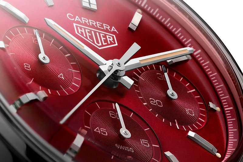 closeup shot of Dial of TAG Heuer carrera red dial limited edition watch