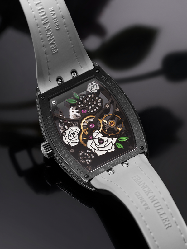 Vanguard Rose Skeleton Black Diamonds Gray version backing at Franck Muller Cortina Watch
