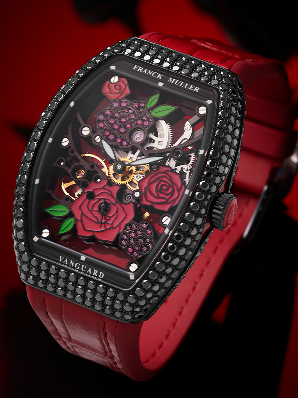 Vanguard Rose Skeleton Black Diamonds Red version at Franck Muller Cortina Watch