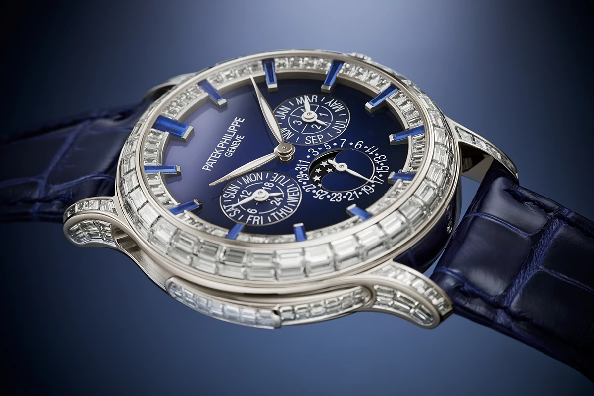 The Patek Philippe Ref. 5374/300P in platinum, fully set with diamonds and sapphires.
